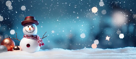 Wall Mural - Snowman toy and Christmas balls on snow against blurred festive lights Space for text. copy space available