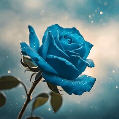 Poster - AI generated illustration of Blue rose with dew drops dripping from stem and leaves