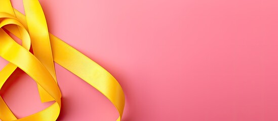 Wall Mural - Beautiful pink ribbon on yellow background top view Space for text. copy space available