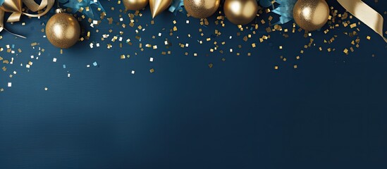 Aufkleber - Party frame decorations in gold colors on blue color background with empty copy space for text holiday and celebration concept for postcard or invitation top view