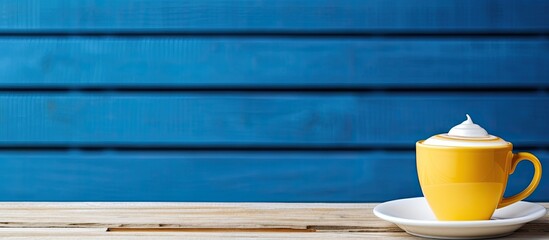 Aufkleber - Coffee Latte blue yellow cup on wooden table daylight copy space