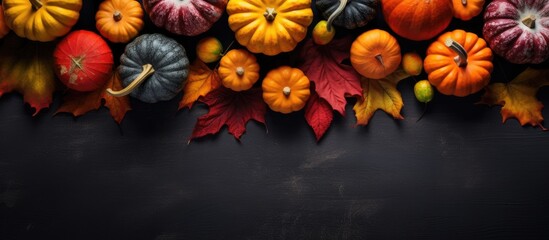 Poster - Decorative pumpkins and autumn colorful leaves on dark background Overhead shot. copy space available