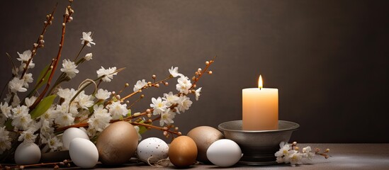 Aufkleber - Easter candle eggs on brown texture background Easter holiday concept Spring willow bouquet Decor for home and festive steel Copy space Place for text