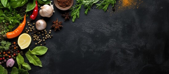 Poster - Selection of spices herbs and greens Ingredients for cooking Food background on black slate table Top view copy space