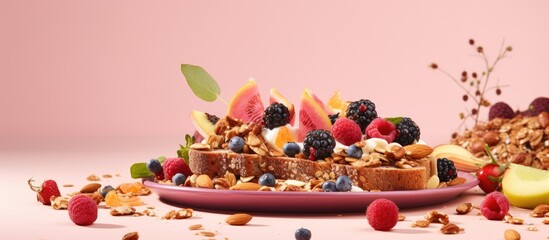 Homemade Granola with bluberries on pink background copy space Healthy snack or breakfast concept granola with grains nuts dry fruits berries