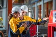 © BESTIMAGE - Factory apprenticeship. Man mentor teaching Female employees trainee operating machine looking monitors and check Production process machinery. foreman explaining woman engineer control machine .