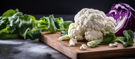 Fresh raw organic cauliflower white and purple close up on cutting board on grey stone background. copy space available