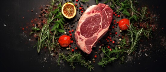 Poster - Raw beef steak osso bucco with herbs and spices on dark background Beef meat Top view copy space