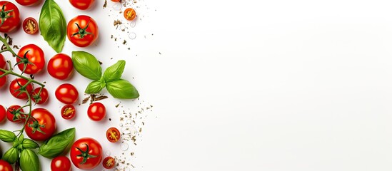 cherry tomatoes and basil tomatoes on a branch red cherry tomatoes with ingredients for cooking salt peppers and green herb on the white background with copy space top view