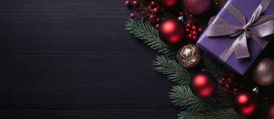 Poster - Christmas tree branch with purple and red wavy ball gift box on a dark background Flat lay with copy space