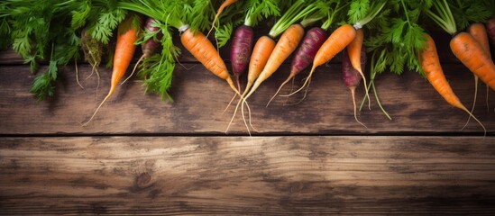 Poster - Raw natural food background Vegetables carrot top view on old wooden desk background Photograph taken from above with dirt soil vintage planks Vintage gardening concept with copy space