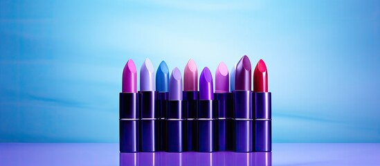 Aufkleber - Set of light blue lipsticks isolated on purple color background Colorful Tones Lipstick tints palette Makeup and Beauty Beautiful Make up concept lipgloss. copy space available
