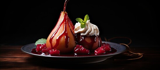 Poster - Plate of tasty poached pears in wine sauce on dark background. copy space available