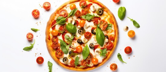 Poster - Fresh baked hot pizza on white background with copy space on the left side Vegetarian pizza with vegetables and basil Decorated with branch of cherry tomatoes Side view