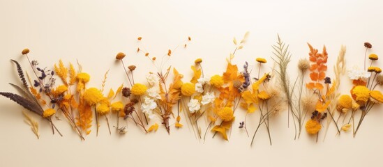 Poster - A vibrant arrangement of dried autumn flowers resting on a white frame against a yellow paper backdrop Perfect for a greeting card or a flat lay photograph with copy space