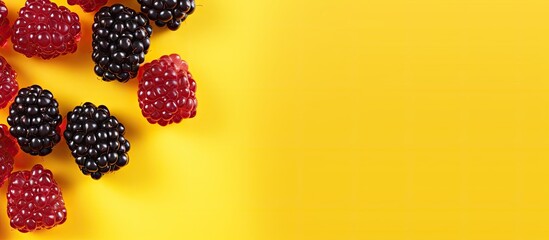 Poster - Candy heart Blackberry raspberry jelly gummy candy sweets on yellow color background Space for text Copy space Top view Flat lay