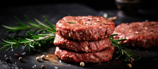 Poster - Raw beef burger cutlets with rosemary and spices on a slate board on a concrete background. copy space available
