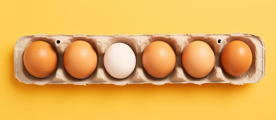 Poster - Overhead view of brown chicken eggs in an open egg carton isolated on yellow Fresh chicken eggs background Top view with copy space Natural healthy food and organic farming concept Eggs in box