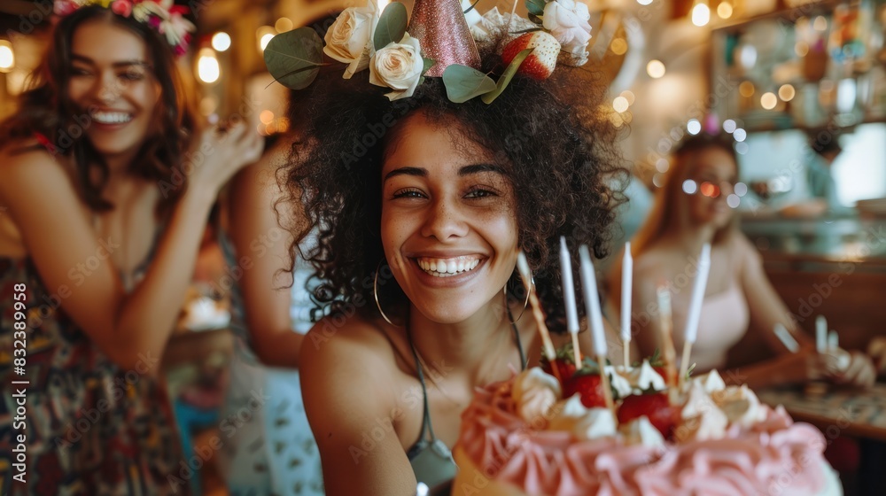 Happy young woman with cake celebrating with her friends.