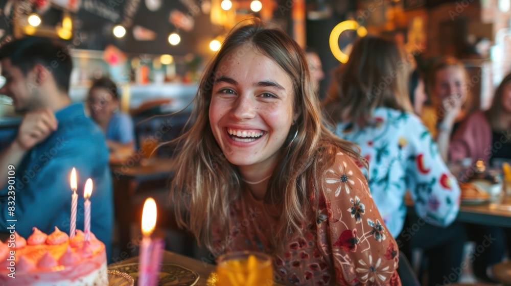 Happy young woman with cake celebrating with her friends.
