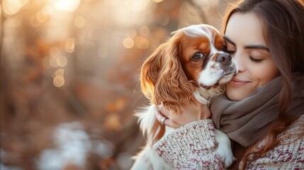 Wall Mural - Happy woman hugging her dog at outdoor.