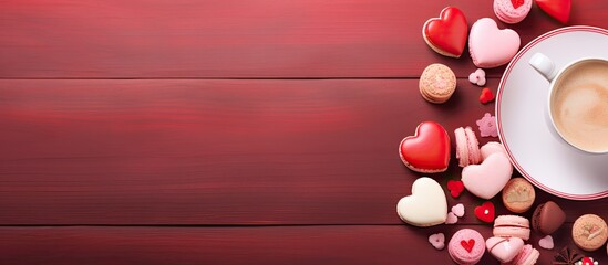 Poster - Valentine background Valentine s day breakfast with heart shaped cookies and coffee table Banner copy space