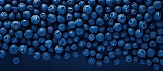Poster - Fresh berries blueberry on blue background Colorful fruit pattern of blueberries as background Creative berries concept Flat lay top view copy space