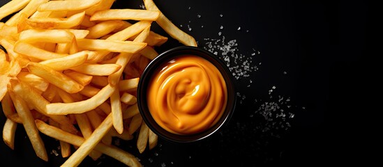 Poster - French fries with sauce on a black surface overhead view Copy space Top view from above flat lay