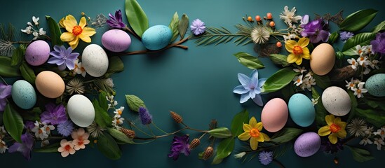 Poster - Creative Easter egg composition with spring flowers eggs and green leaves Contenmporary style Flat lay Top view. copy space available