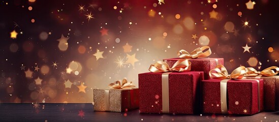 Fototapete - Christmas background with decorations and gift boxes. copy space available