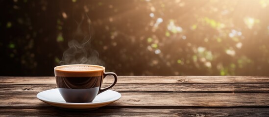 Aufkleber - A copy space image of a cup of coffee placed on a rustic wooden background