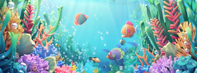 A whimsical, under-the-sea background with colorful fish, coral, and bubbles.