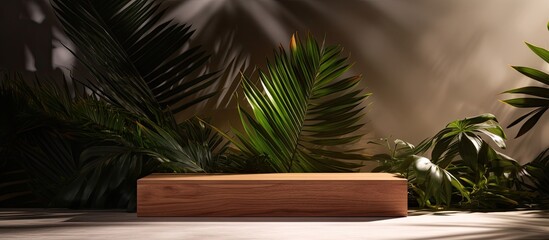 Poster - Natural wood podium with tropical leaves shadow in the background Beautiful background from natural materials. copy space available