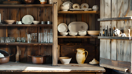 A kitchen with a wooden counter and shelves full of dishes and plants