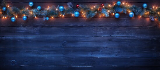 Wall Mural - christmas garland lights on blue wooden background with copy space for your text Top view