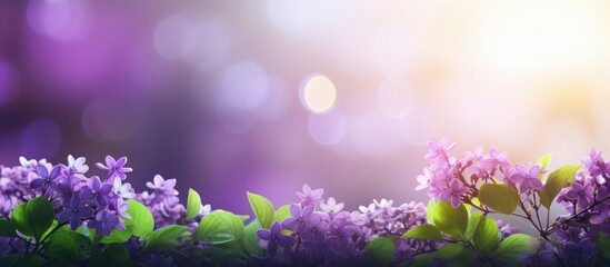 Wall Mural - purple flowers and green leaves with bokeh background nature background copy space