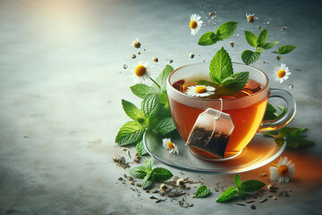 clear glass cup with tea bag. Loose leaves and herbs scattered nearby, mint, dried chamomile, dynamic flair