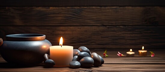 Wall Mural - Singing bowl with candles with pebbles on dark wooden background with copy space