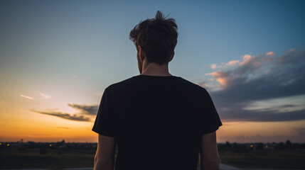 male model looking at the sunset, wearing a blank black t-shirt, Ai Generated Images