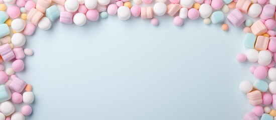 Poster - candy marshmallow frame with empty center sweet backdrop for holiday events pastel colors. copy space available