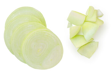 Wall Mural - Set of Chopped onion pieces isolated on a white background. Onion slices  closeup. Top view. Flat lay