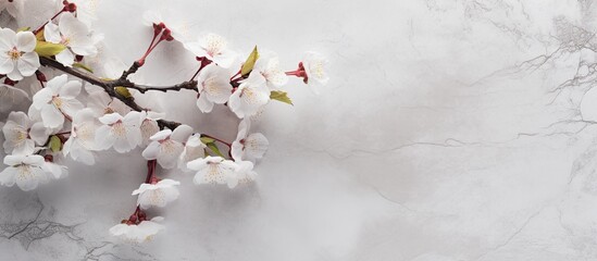 Aufkleber - White flower cherry blossom on a light background postcard spring wallpaper Sakura flowers on stone background Copy space Flat lay