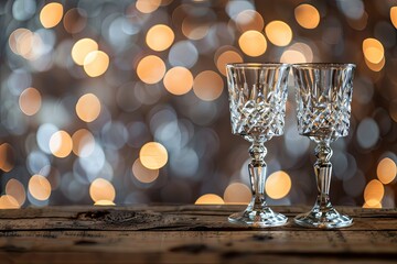 Poster - Two Crystal Glasses on a Rustic Wooden Table with Soft Dreamy Bokeh Lights in the Background Display