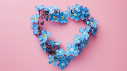 Wall Mural - Blue fresh flower heart isolated on pink background representing love for Valentine s Day and mother