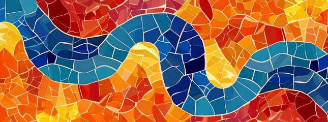 An abstract, geometric mosaic background with colorful tiles and dynamic patterns.