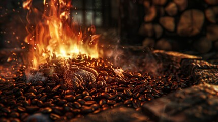 Cozy fireplace with coffee and beans for winter or holiday design
