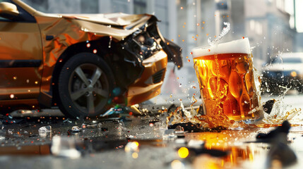 Wall Mural - DUI concept. Image of a drunk driving accident with a big glass of beer