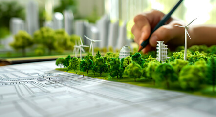 A person drawing architectural plan of green energy and wind power. hand holding pencil, urban landscape model with trees, green environment concept, cinematic view, eco innovation