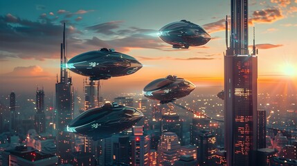 Wall Mural - Futuristic City Skyline with Hovering Spacecraft at Vibrant Sunset