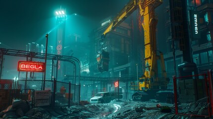 Wall Mural - Cyberpunk city night scene with rain and neon lights for futuristic game or sci-fi themed designs